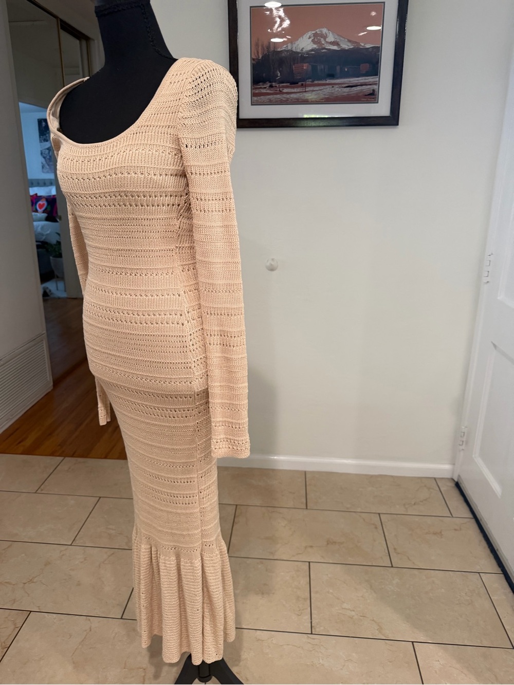 BEBE Cream Crochet Maxi Dress with Flared Hem